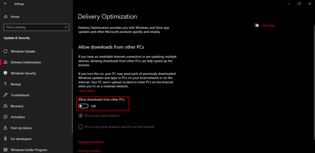 Turn Of Allow Downloads From Other PCs